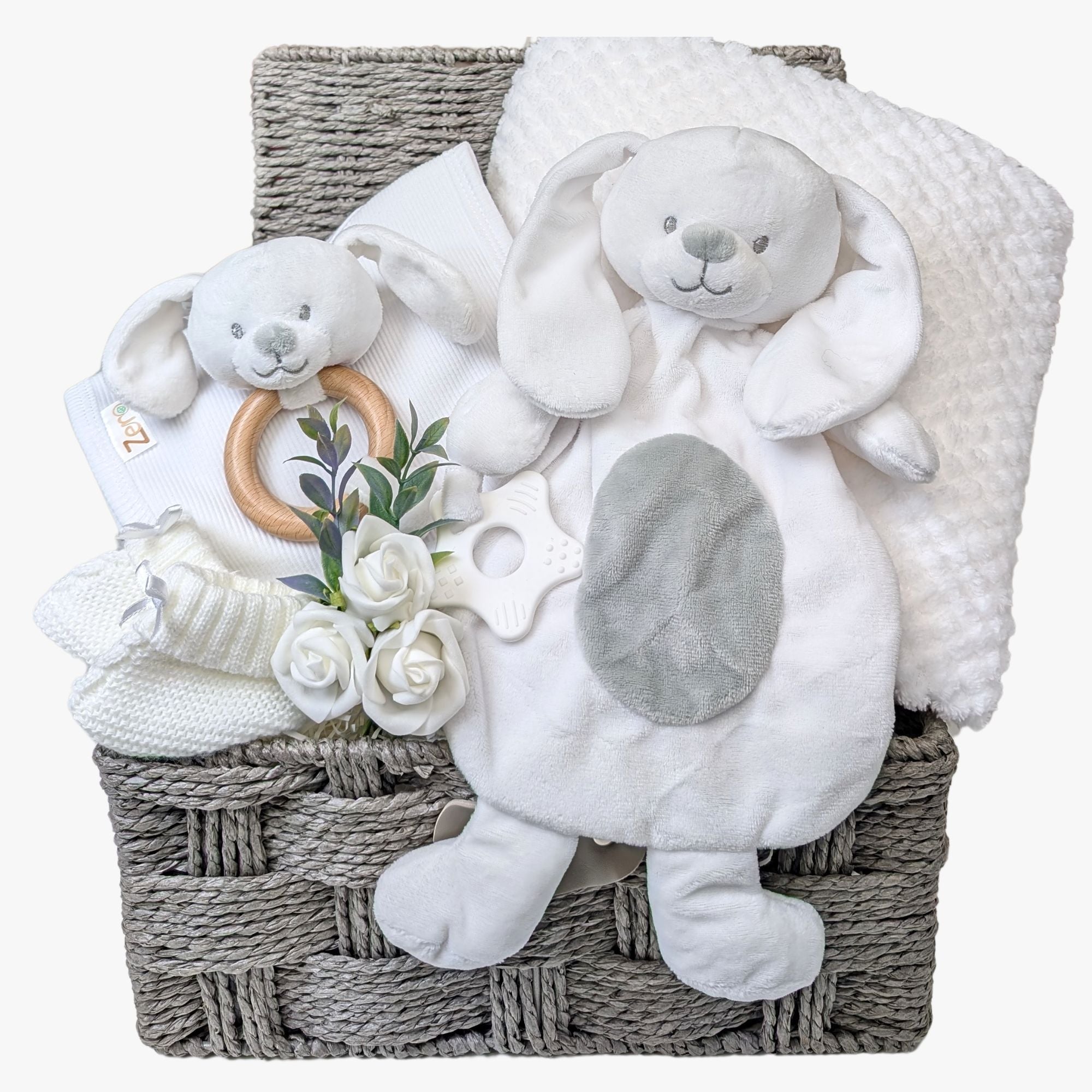 baby shower hamper gift with bunny comforter and bunny teether. Bumbles and Boo.