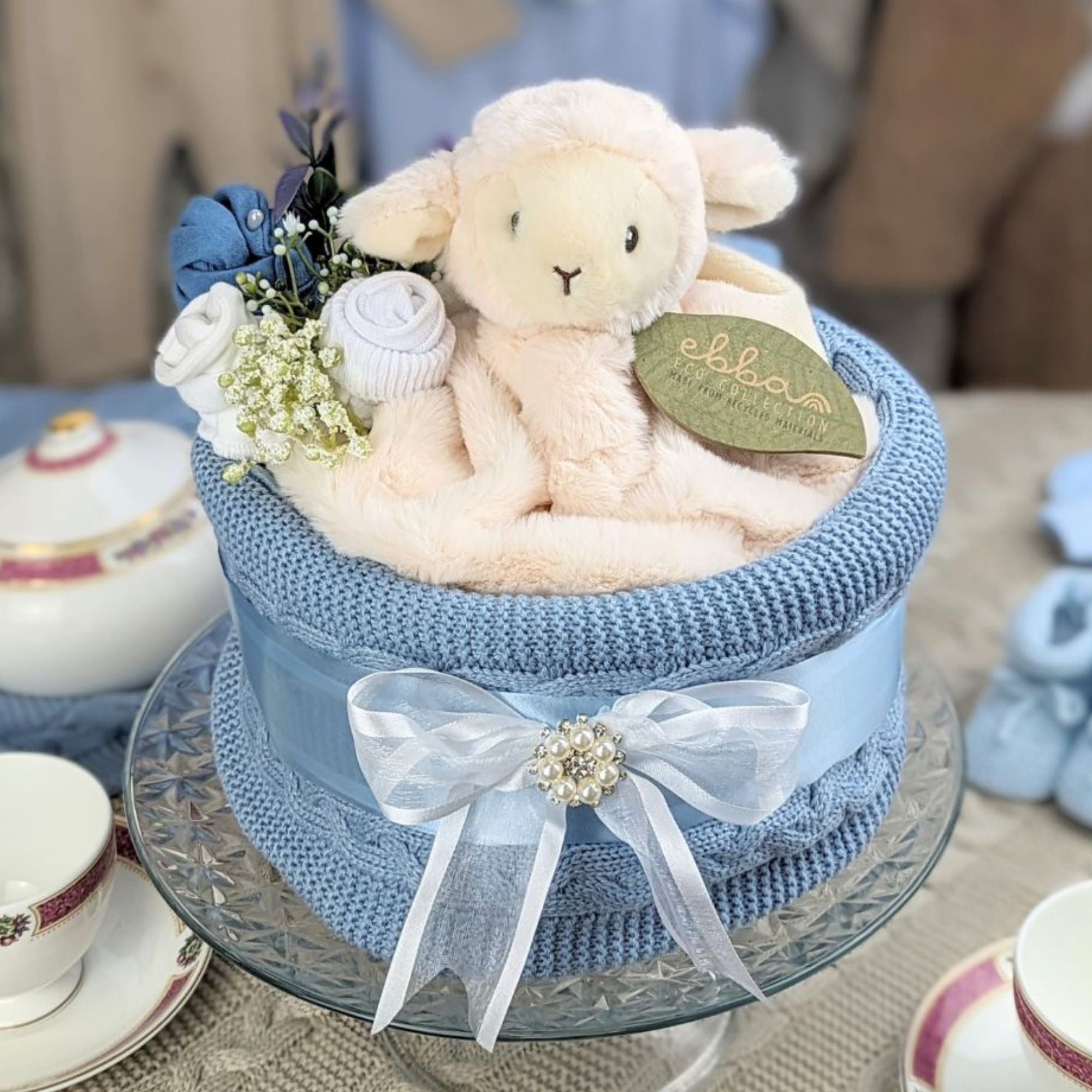 baby boy nappy cake with blanket and eco soft toy lamb