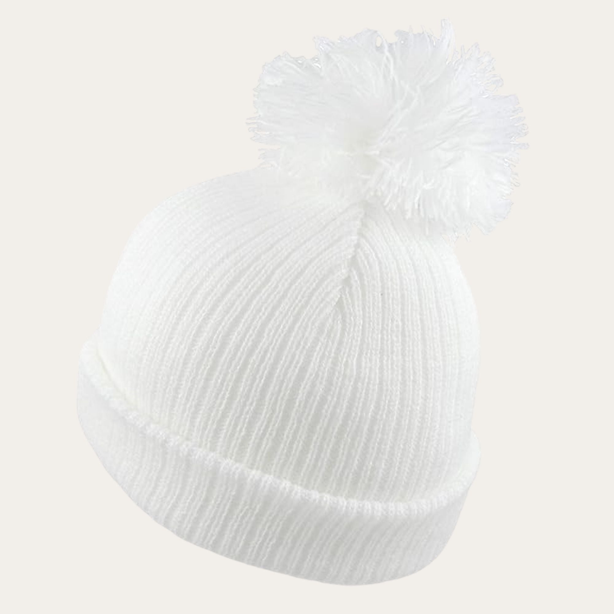 white ribbed knit baby hat with pom pom detail