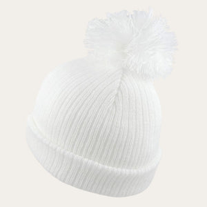 white ribbed knit baby hat with pom pom detail