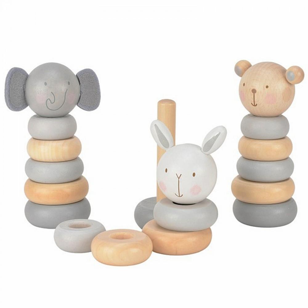 Wooden stacking rings toy with teddy shaped heads.