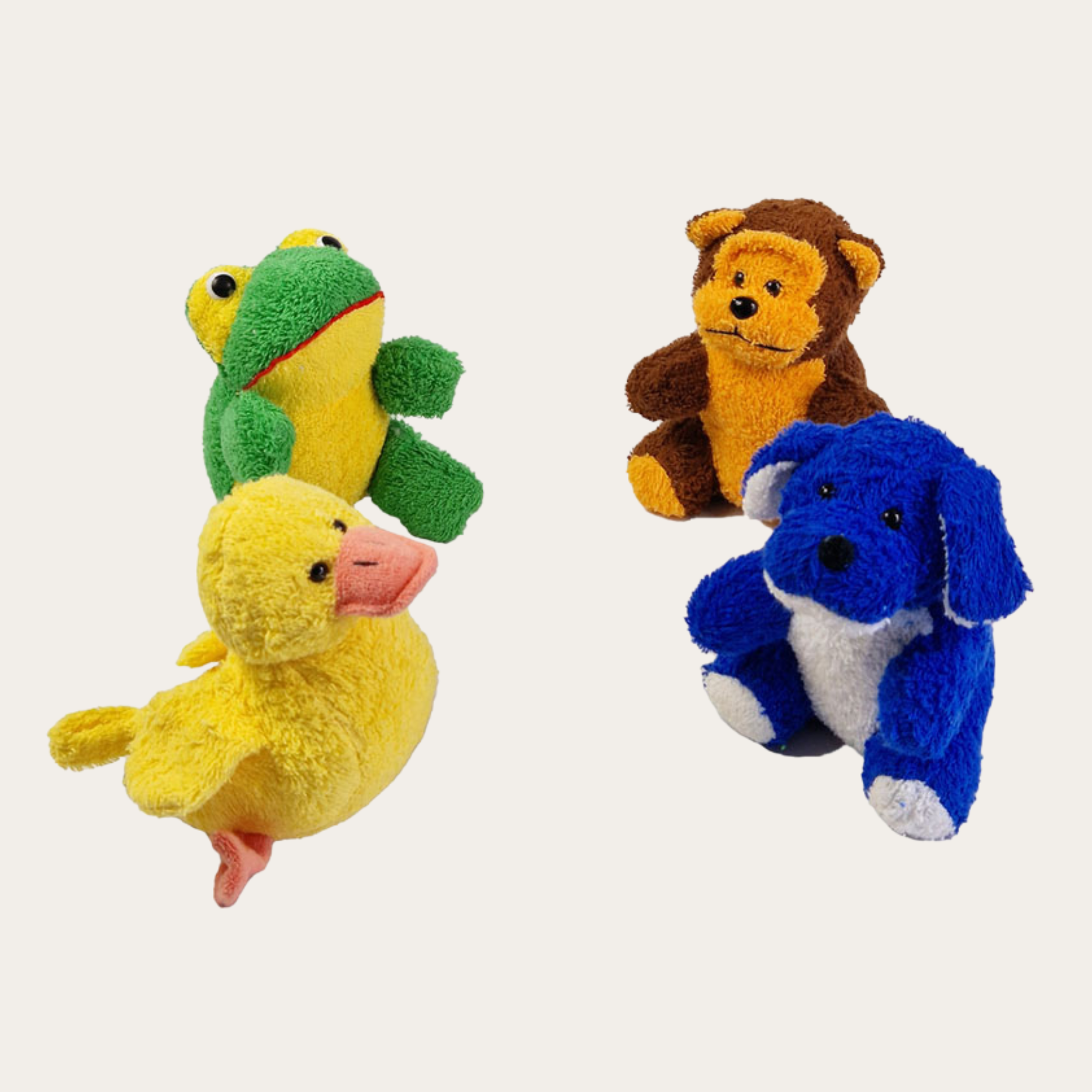 Wash-Time Bath Toy Set with duck, monkey, dog, and frog designs, made from soft 48.5% cotton terry for baby bath time fun.