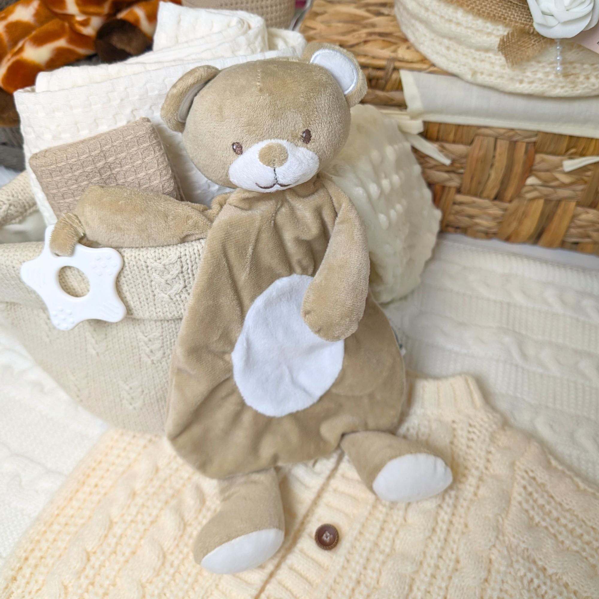 Brown Eco Recycled Bear Baby Comforter with teething ring for baby. Bumbles and boo. 