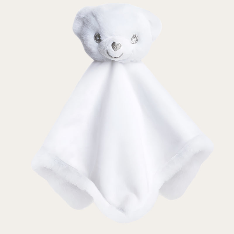 White eco recycled bear comforter with matching sherpa back – 36cm x 36cm.