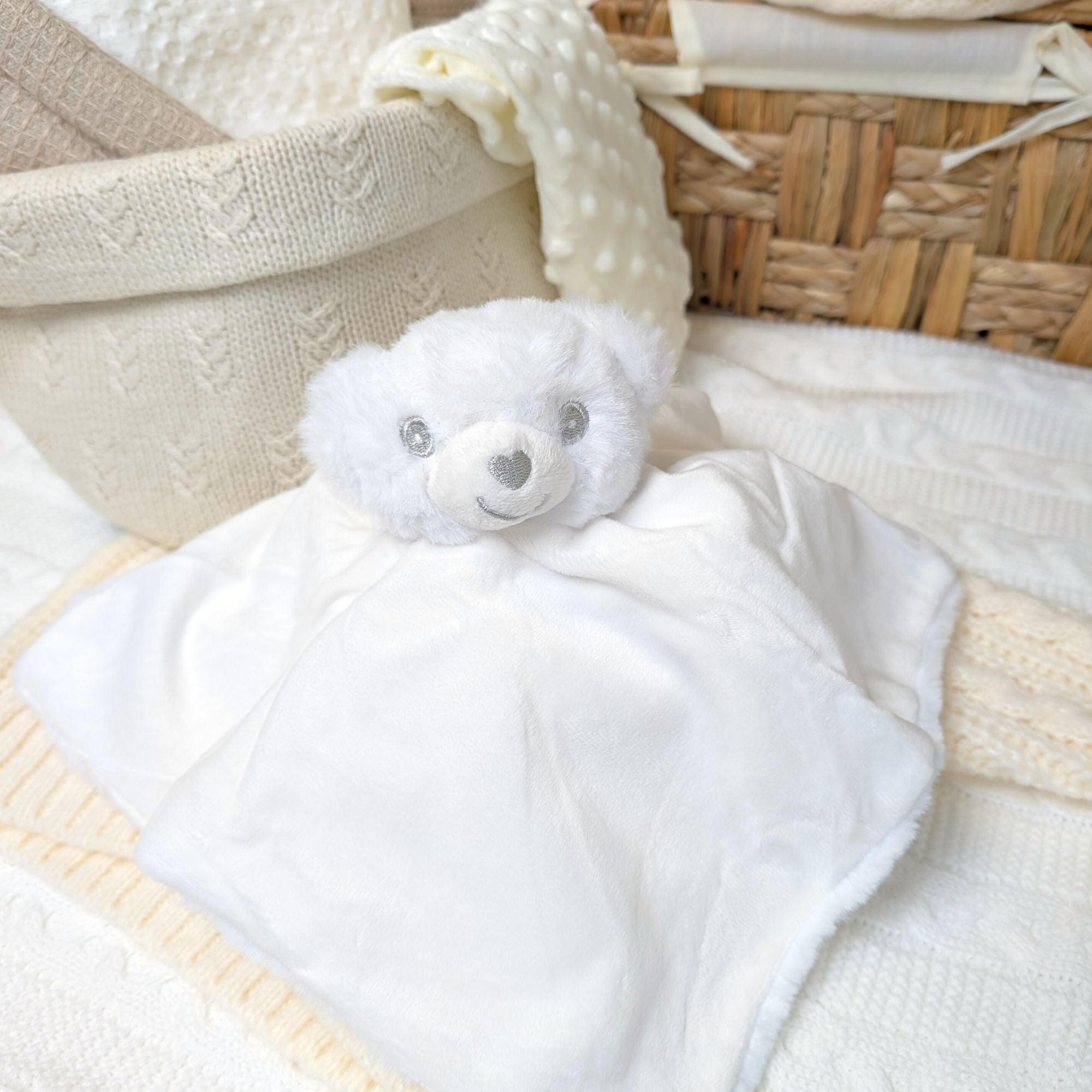 White eco recycled bear comforter with matching sherpa back. Bumbles and Boo,