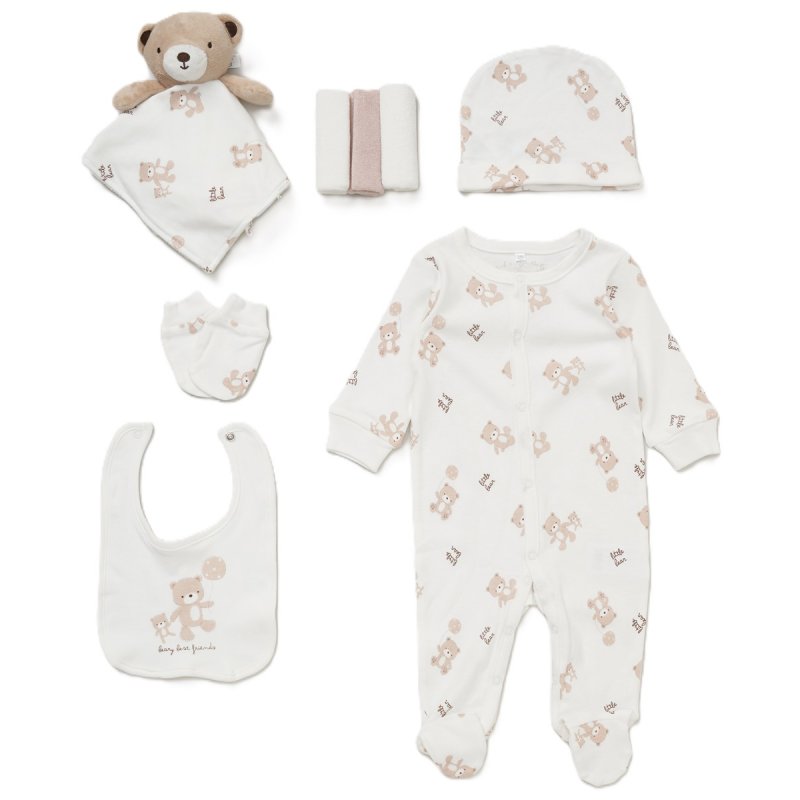 Adorable eight-piece baby clothing gift set featuring the 'Beary Best Friends' design. Includes a soft cotton romper, vest, hat, bib, mittens, three washcloths, and a comforting plush toy. Perfect for new baby gifts, baby showers, and newborn essentials.