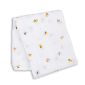 Large cotton muslin swaddle blanket with bee print measuring 100 x 100cm which can be used as a swaddling blanket, nursing cover up, buggie cover or burp cloth