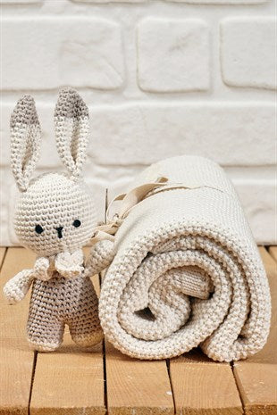 Organic Baby Blanket With Crochet Baby Soft Beige Rabbit Soft Toy, Baby Blanket