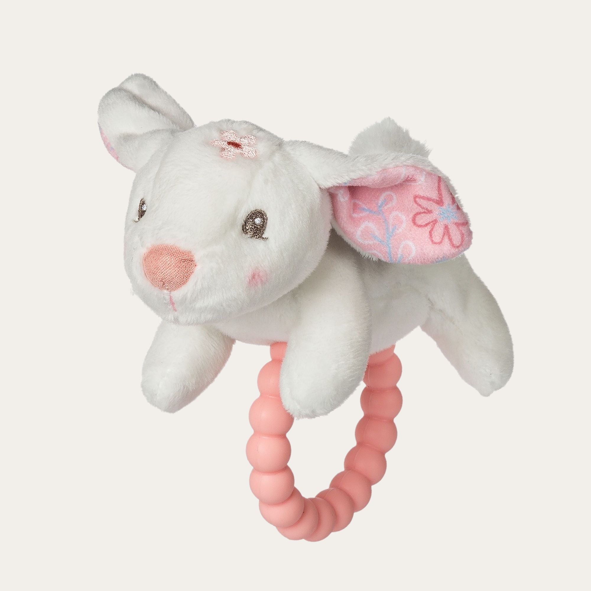 White bunny soft toy rattle with pink silicone teether