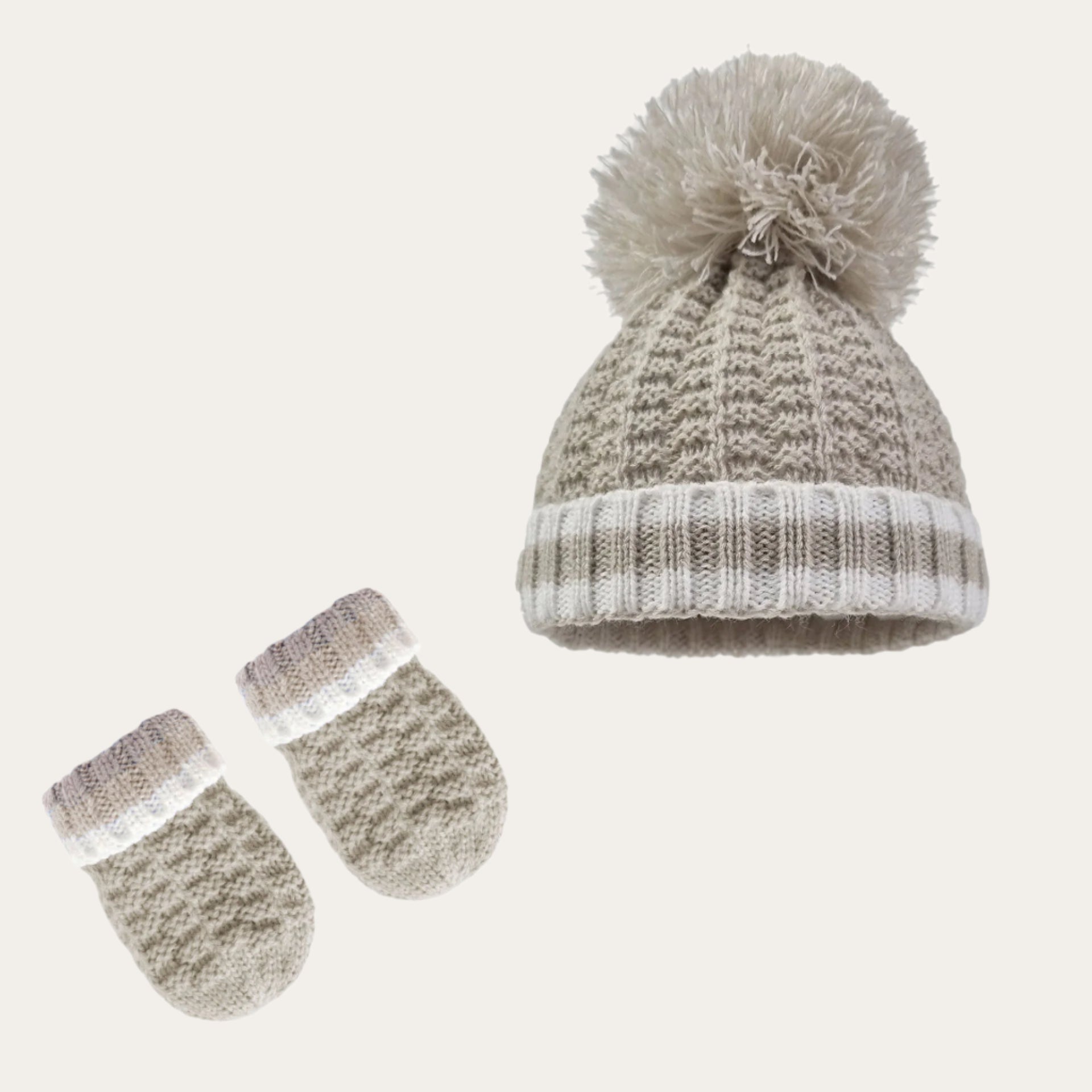 biscuit ribbed hat with pom-pom and matching mittens set for babies