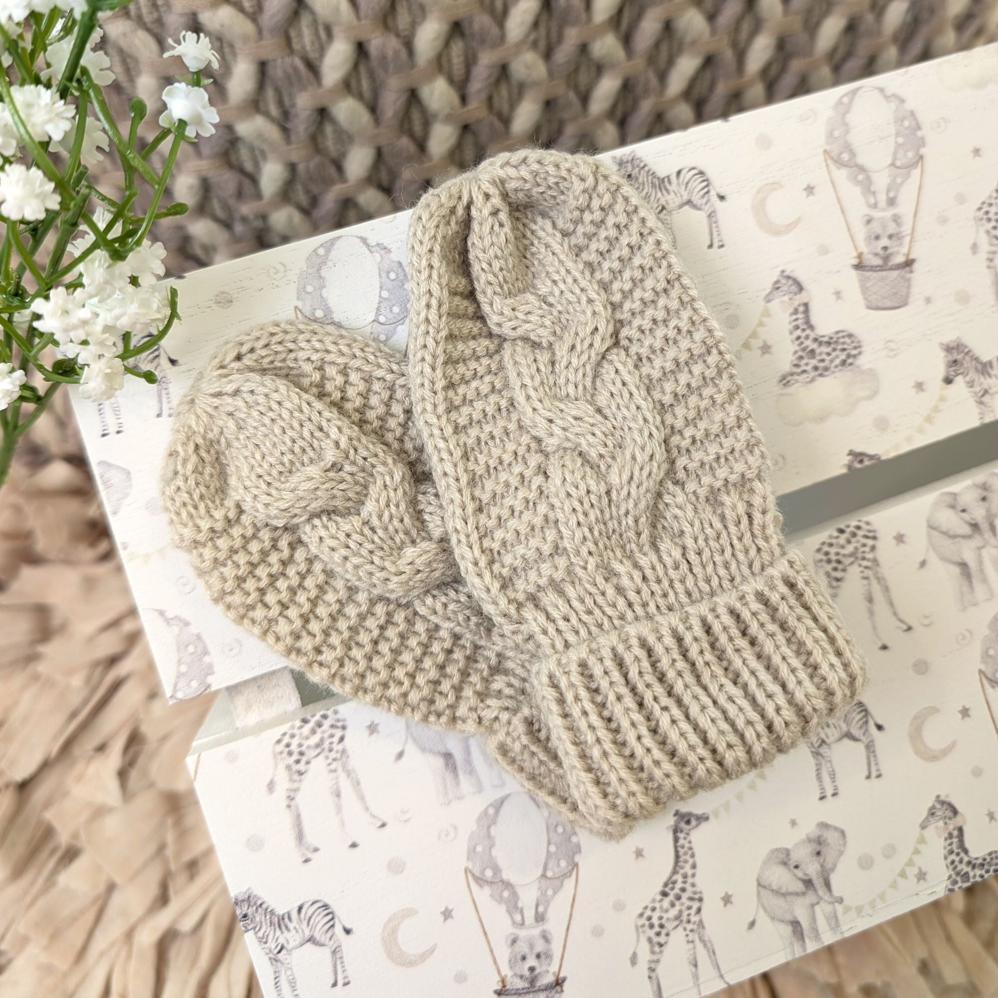 Recycled Cable Knit Mittens - Biscuit Baby Hat and Mitten Set