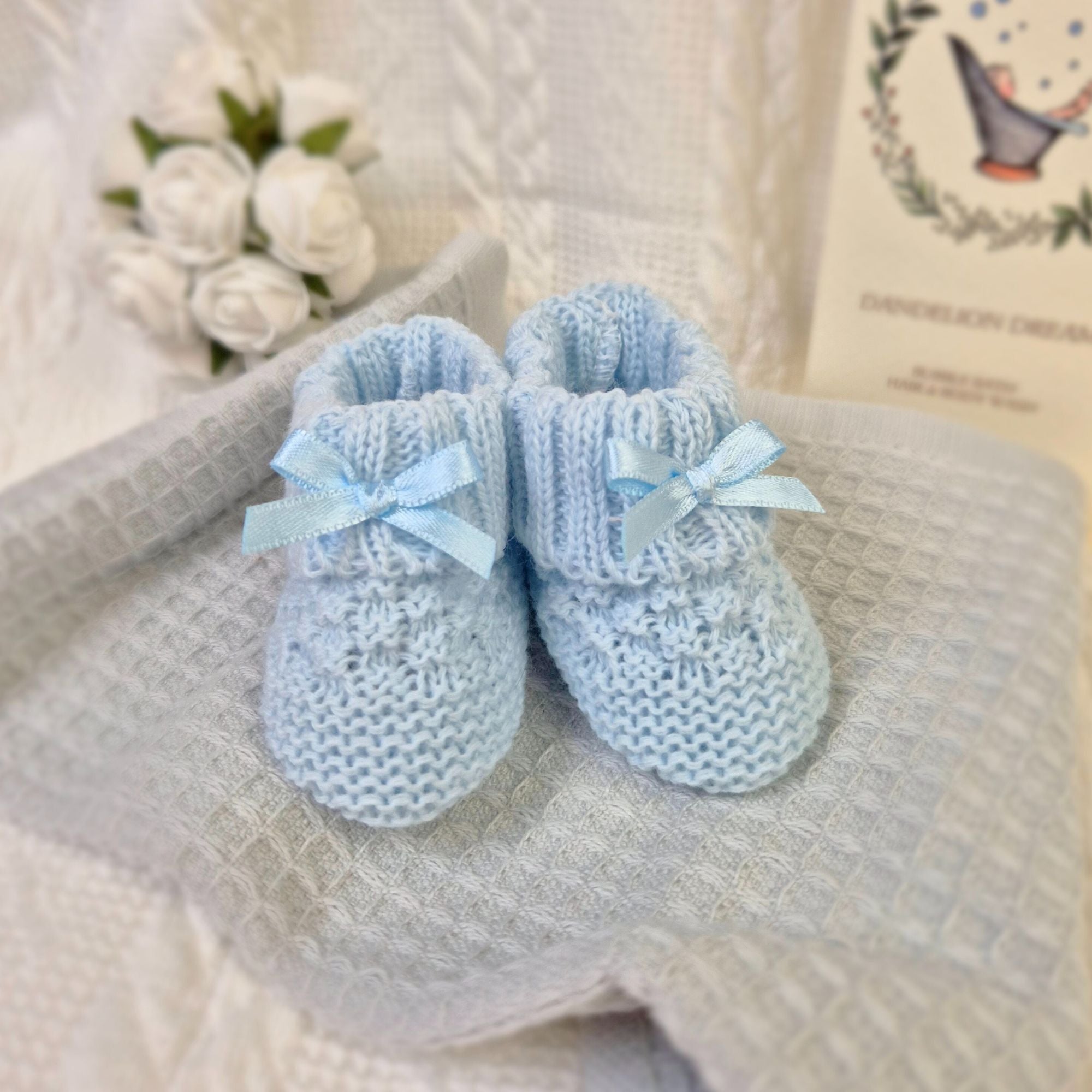 Blue knit baby booties 0-6 months. Bumbles and boo.