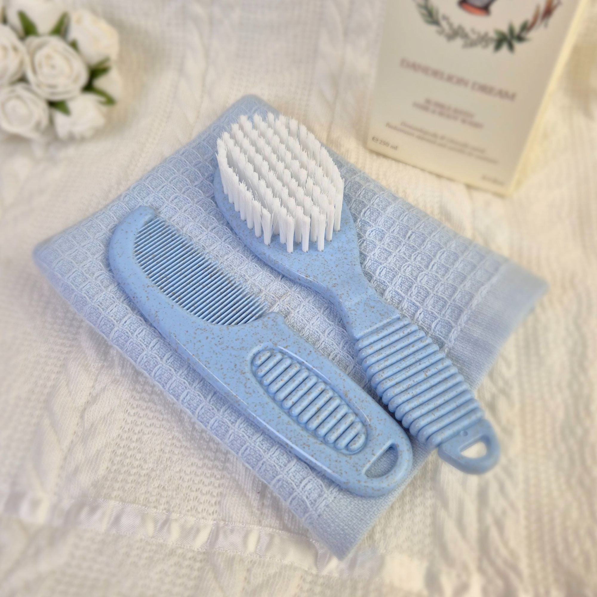 blue deluxe baby brush and comb set made from 80% PP and 20% wheat fibre, gentle and eco-friendly for delicate baby grooming