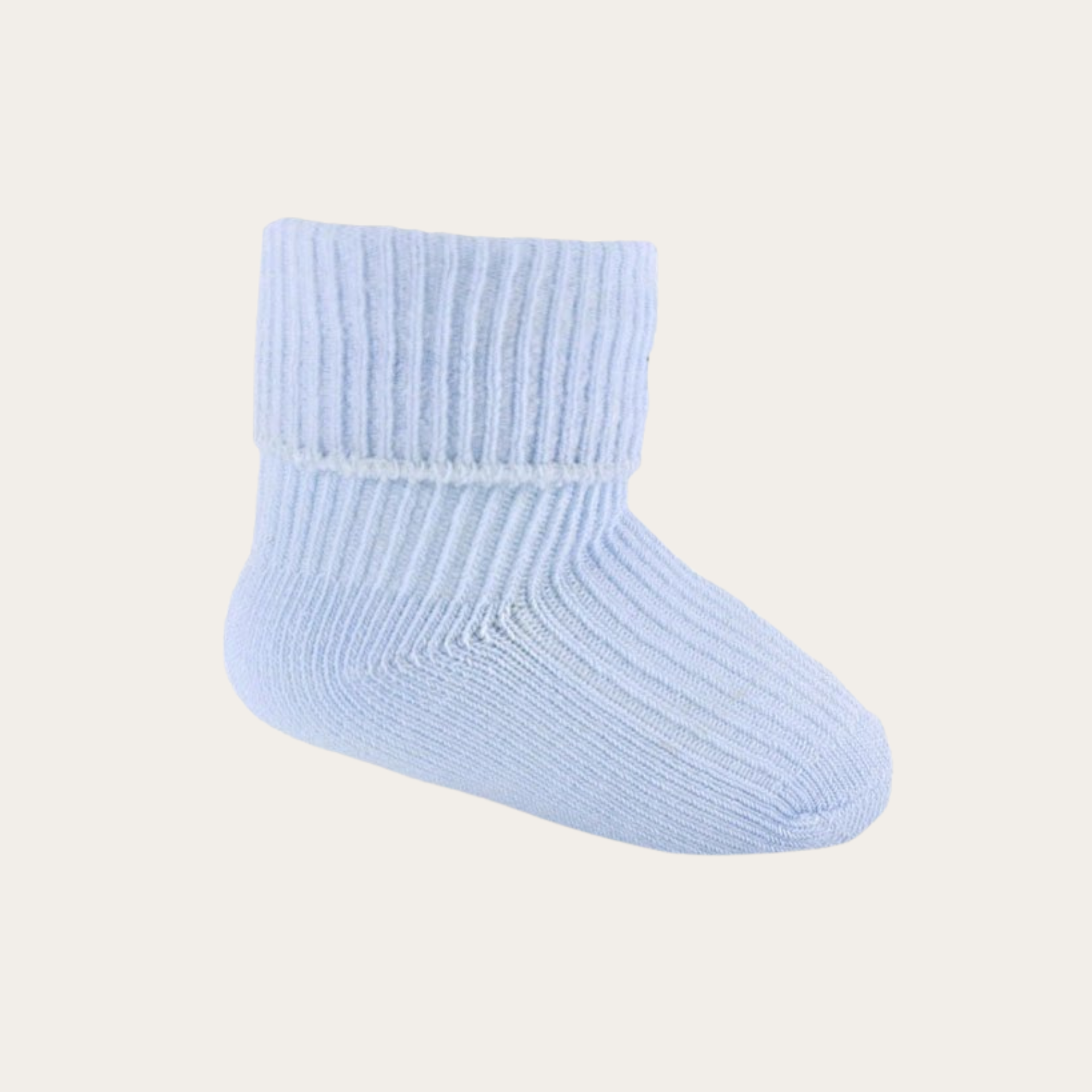 Soft blue baby socks with a plain turnover cuff, designed for 0-3 months, perfect for keeping tiny feet cosy and stylish