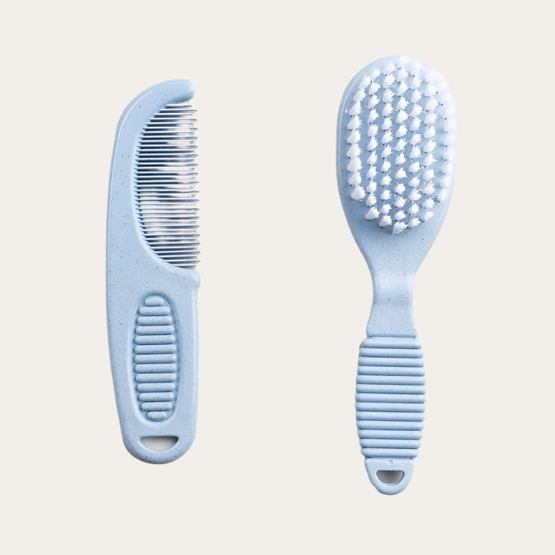 blue deluxe baby brush and comb set made from 80% PP and 20% wheat fibre, gentle and eco-friendly for delicate baby grooming