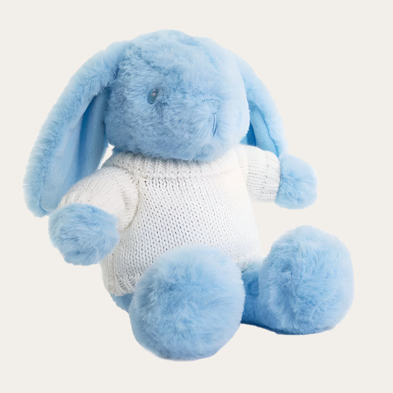 20cm personalised soft blue  cuddly toy rabbit with a customisable knitted jumper, 