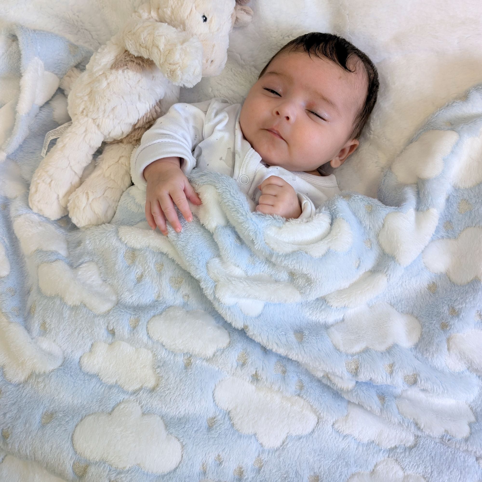 Soft blue blanket wrap with white cloud print bumbles and boo