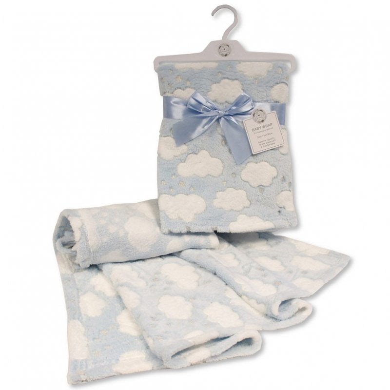 Soft blue blanket wrap with white cloud print