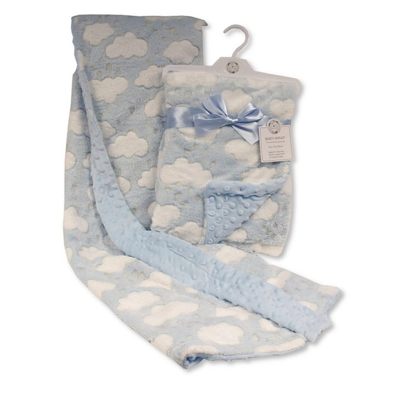 A soft blue baby blanket wrap with a white cloud pattern on the front and blue dimple backing on the back