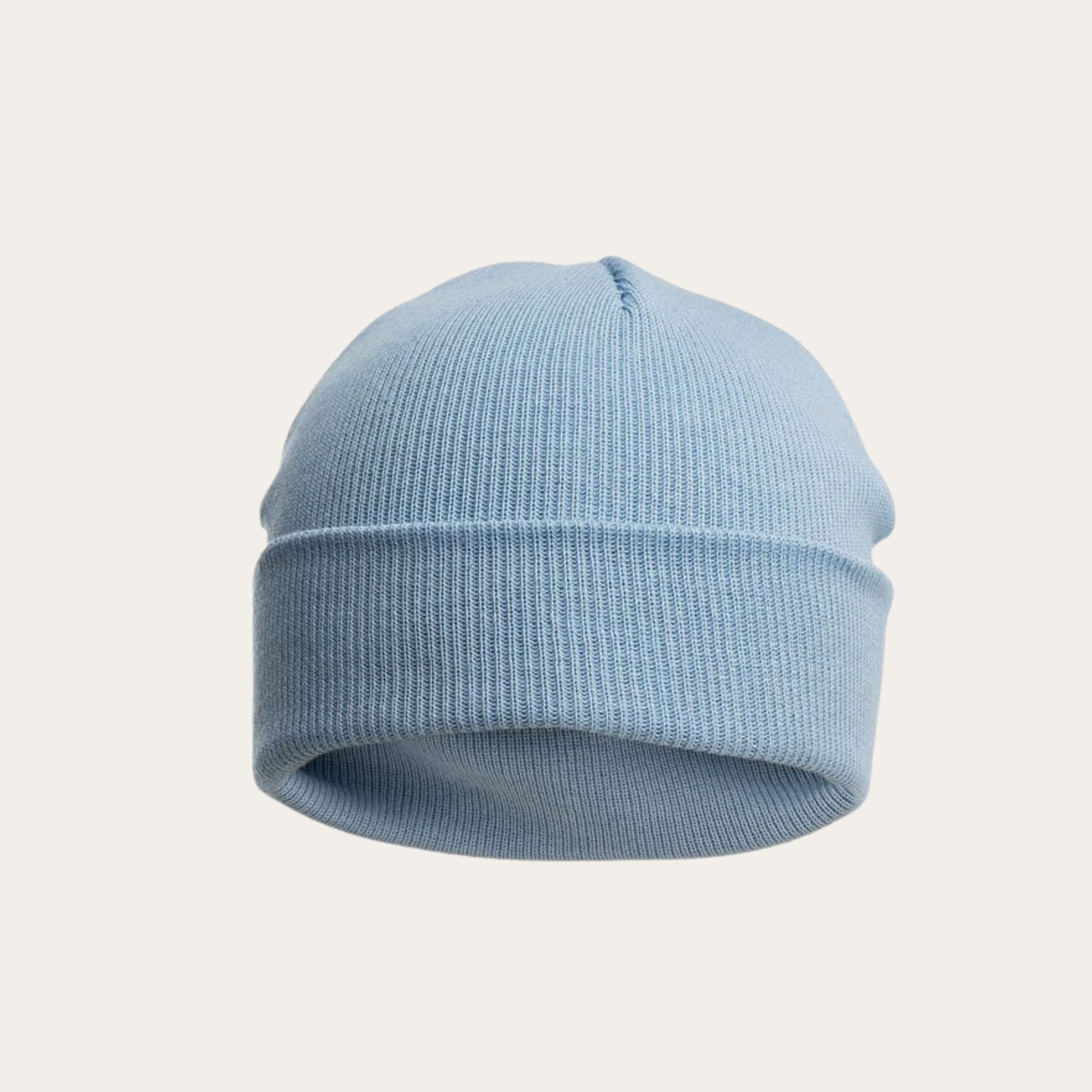 Pale Blue ribbed beanie knitted cotton hat with a turn over 