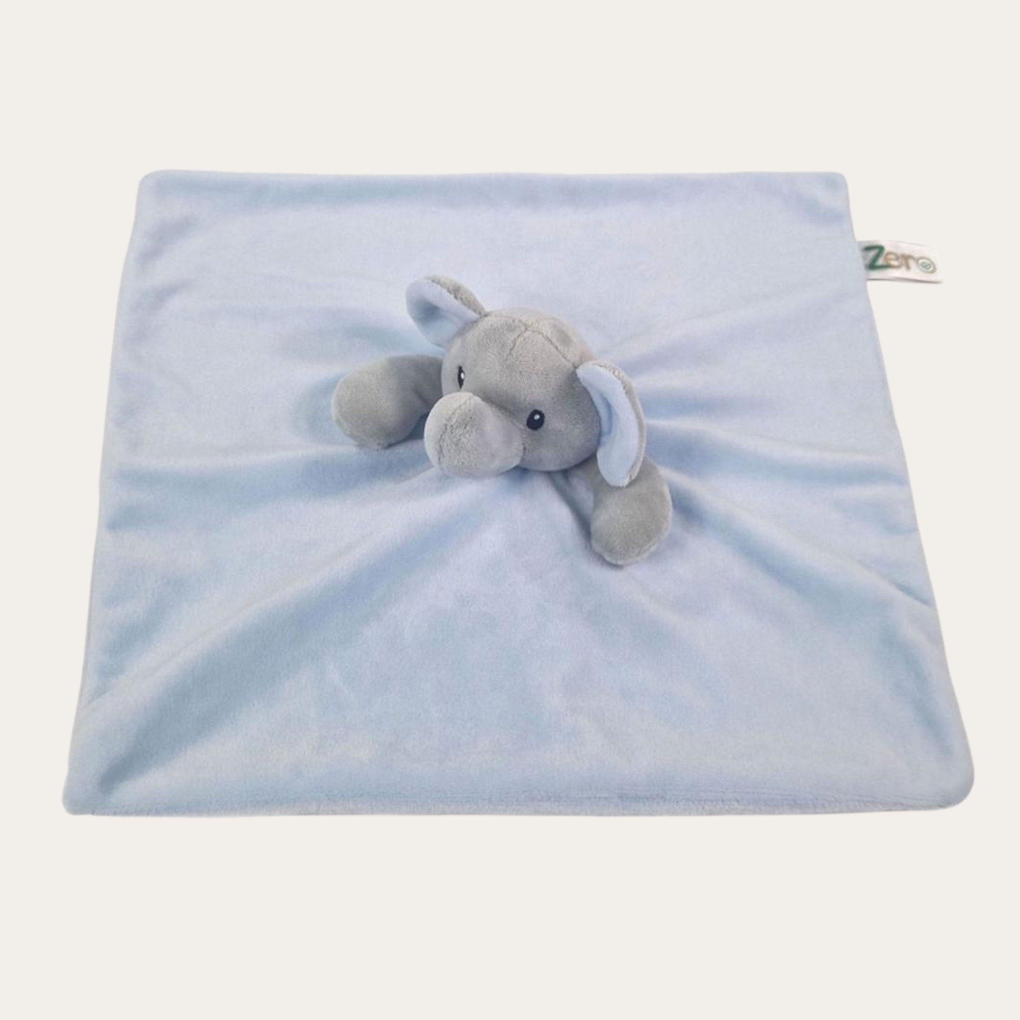 Blue Elephant Plush Comforter with a soft recycled yarn design, featuring a charming elephant face. Sized 36 x 36 cm, suitable for babies from birth, eco-friendly, and personalisable with a baby’s name for a thoughtful and cozy gift.