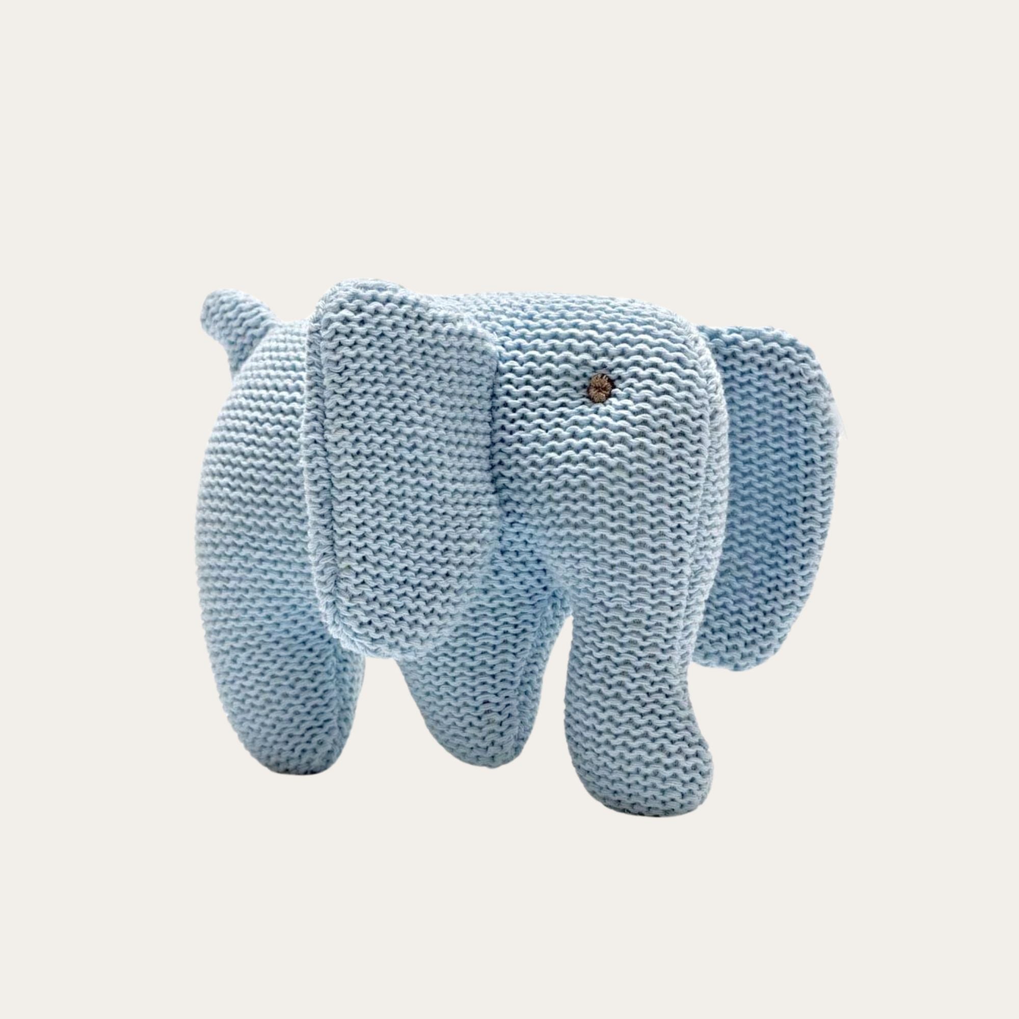 blue organic knit elephant baby rattle 