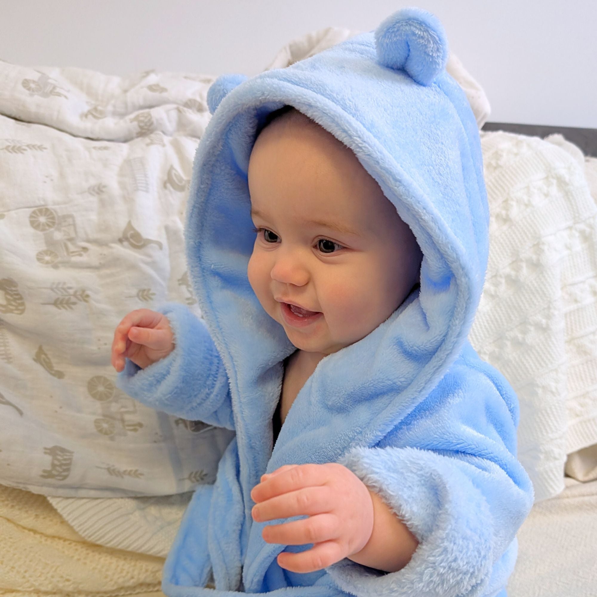 blue hooded baby bath robe with ears, 