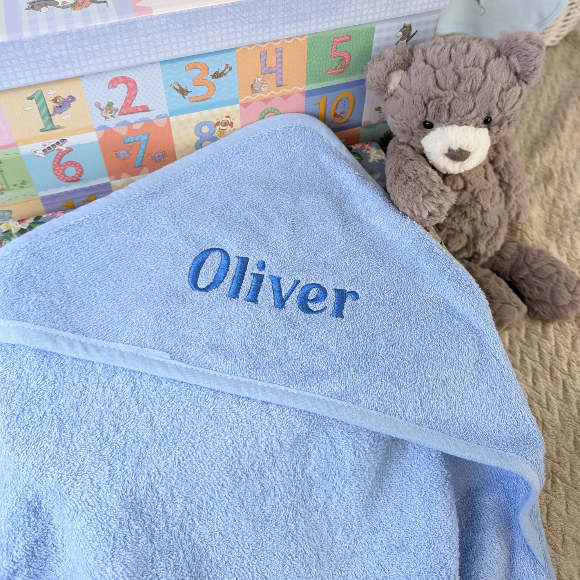 blue hooded bath towel personalised