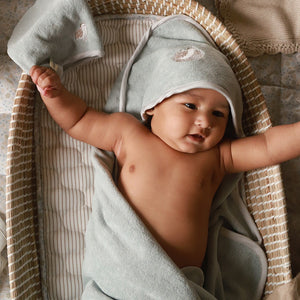 Soft blue organic cotton hooded baby bath towel with a small embroidered nesting quail on the hood.