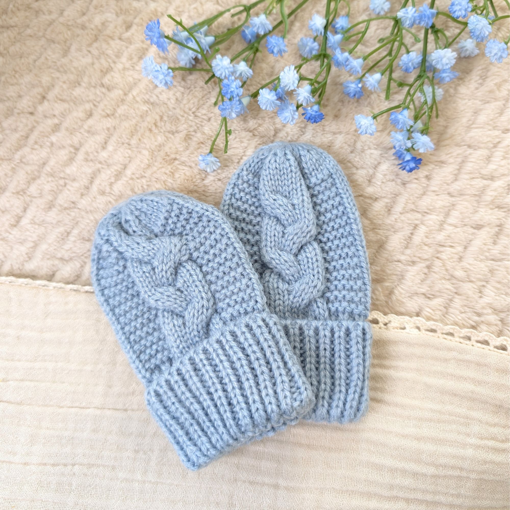 Recycled Cable Knit Mittens - Dusky Blue Baby Hat and Mitten Set