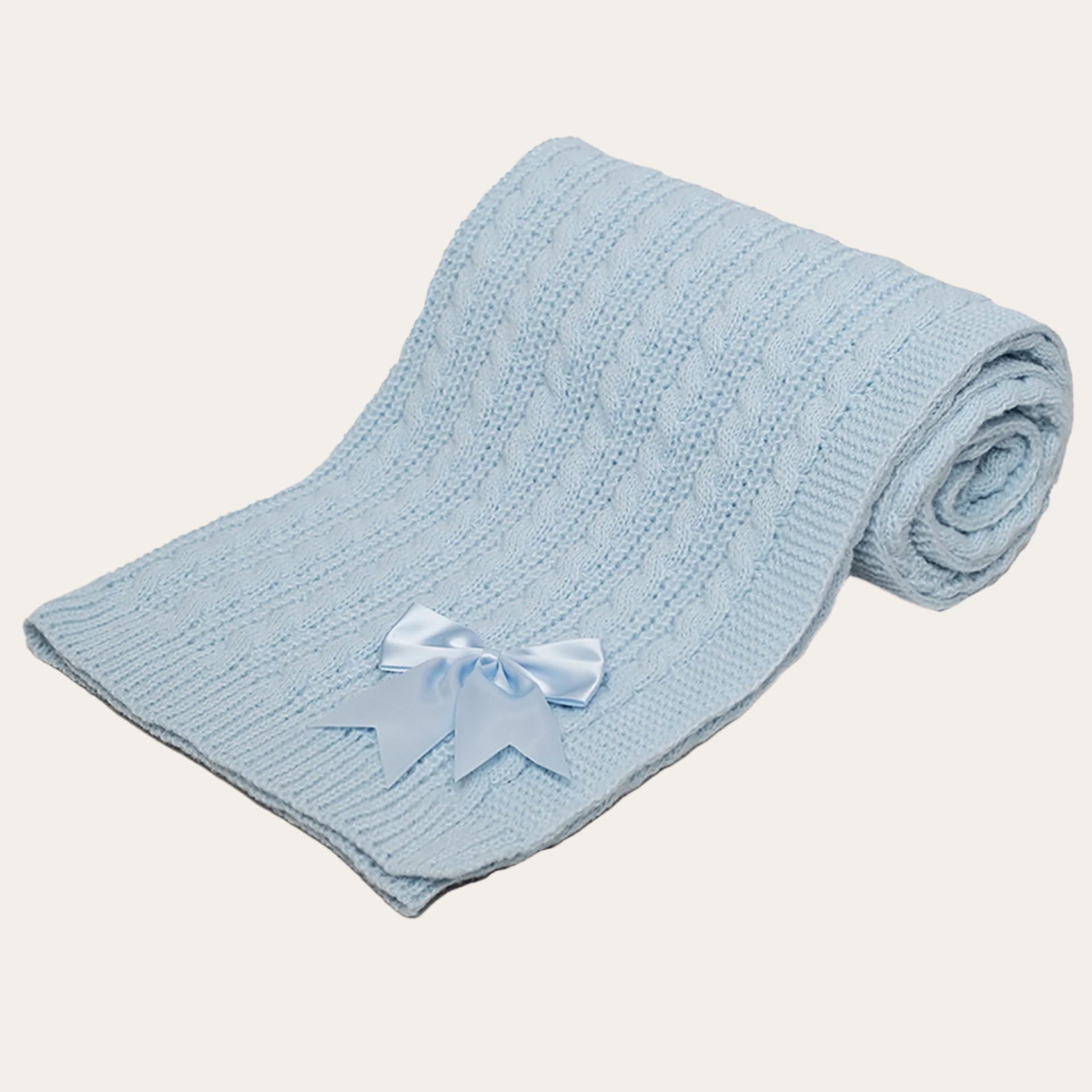 blue knit baby blanket with bow