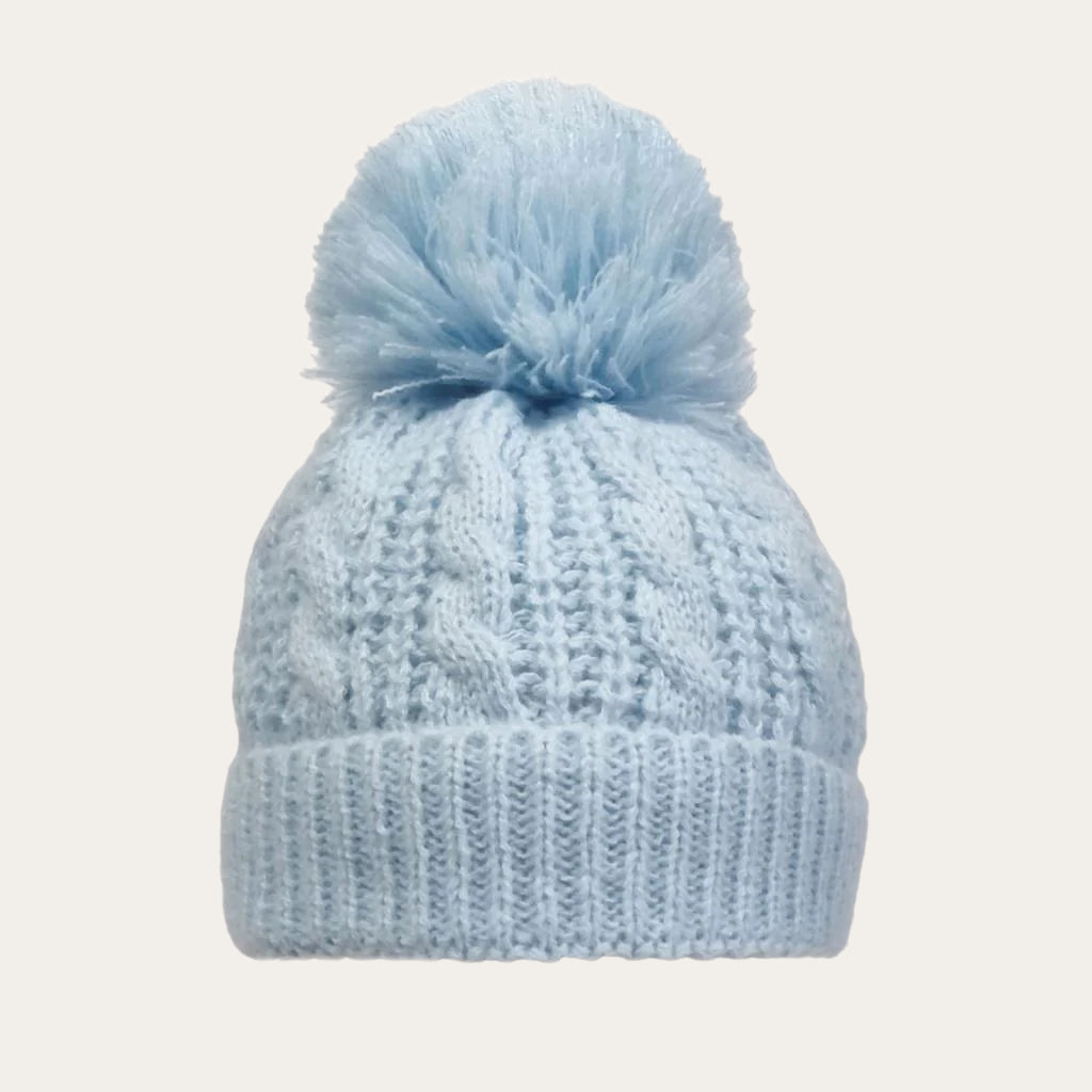 blue Pearl & Cable Knit Baby Hat with large pom pom