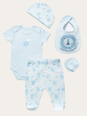 5-piece newborn gift set in blue with lion print