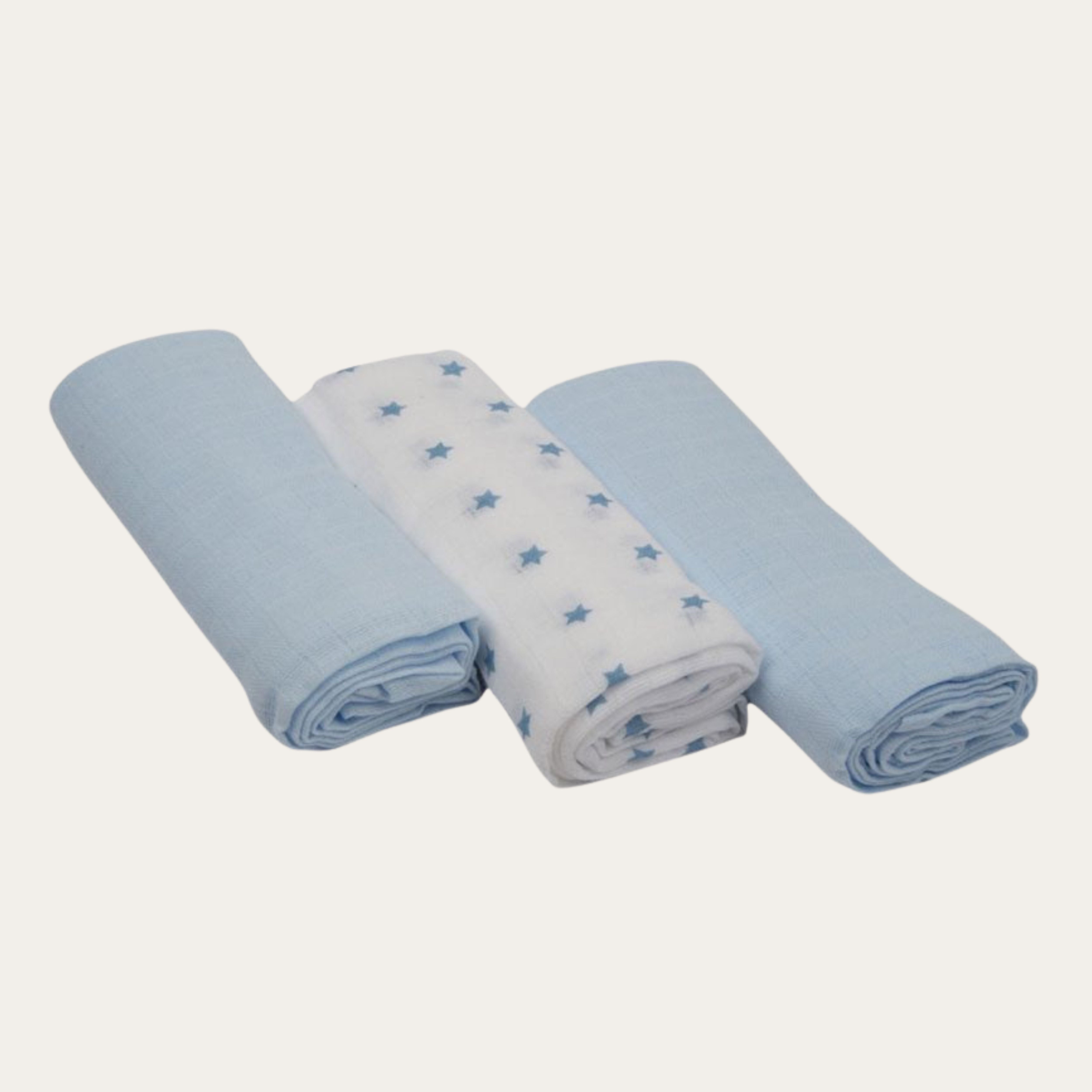 Set of 3 muslin burp cloths.  2 pale blue and one white with blue star pattern
