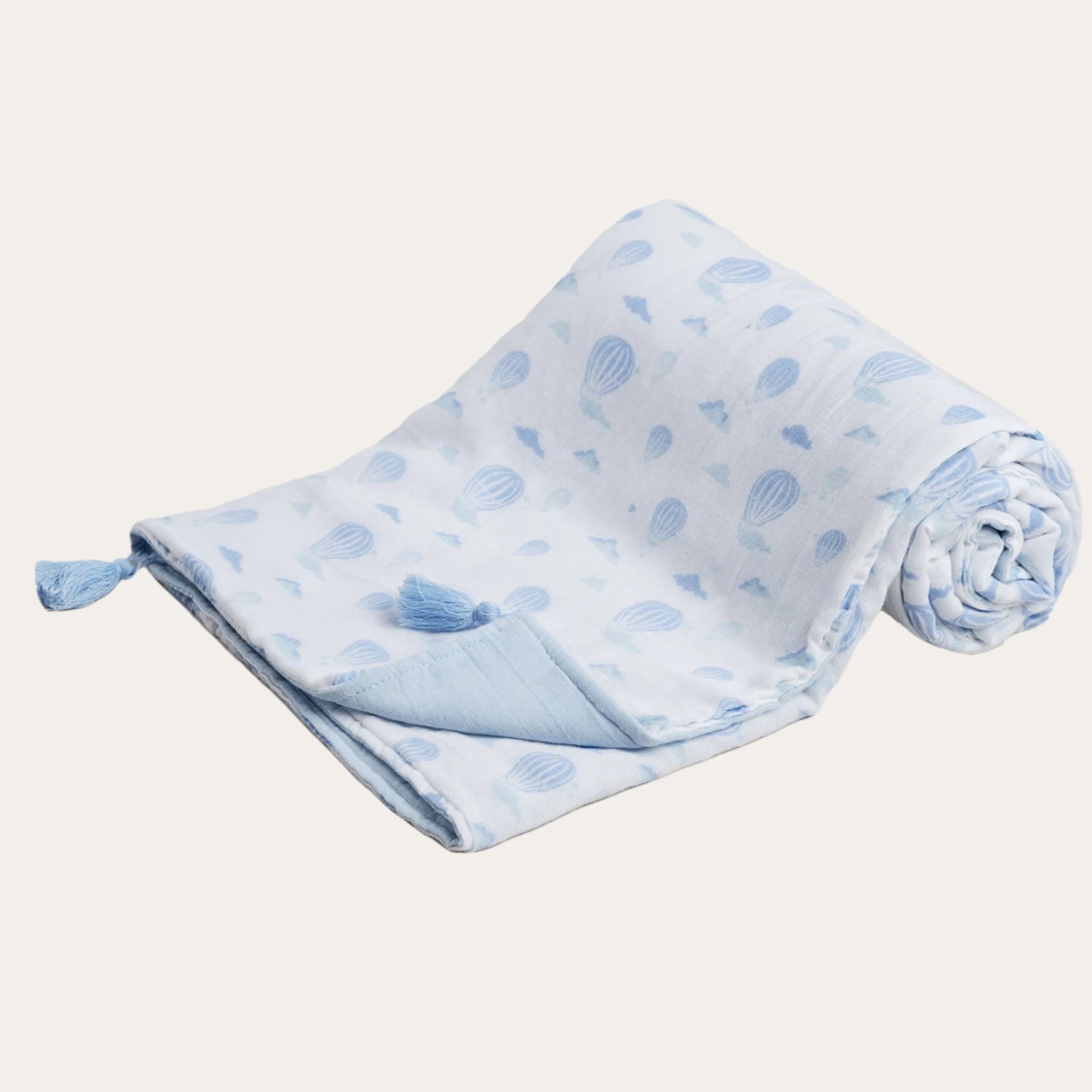 White and  blue balloon printed muslin wrap with tassels – 100% cotton