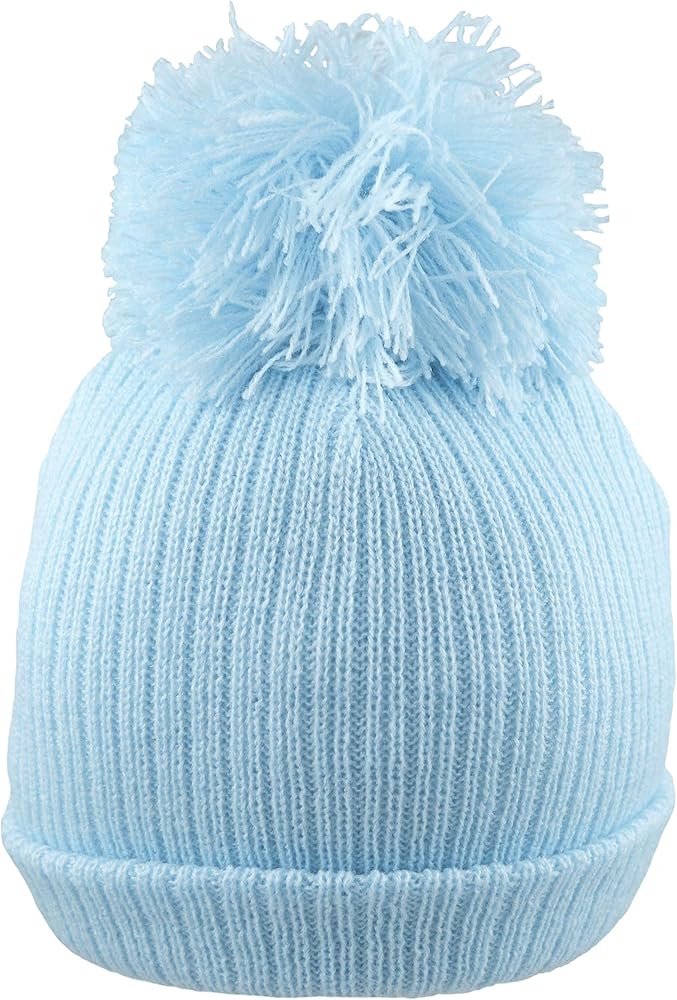 Soft blue rib knit baby pom-pom hat, designed for newborns and babies aged 0-3 months. Cosy, breathable, and perfect for keeping your baby warm and stylish.