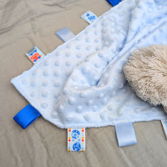 Blue Comforter with Taggie Ribbons – Baby Sensory Blanket - Busses