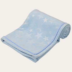 blue star embossed wrap with pom pom trim – baby blanket 75 x 90cm. Bumbles and Boo.