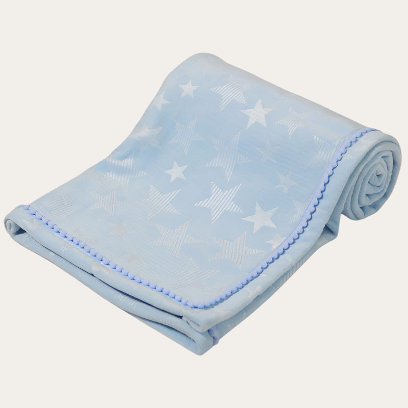 blue star embossed mink wrap with pom pom trim – baby blanket 75 x 90cm