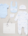 baby boy blue clothing gift set with train print on the bib bumbles and boo