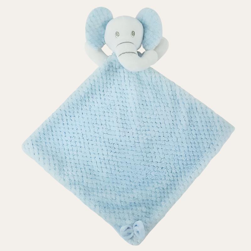 A soft plush elephant comforter soother with crinkly ears and a waffle textured body