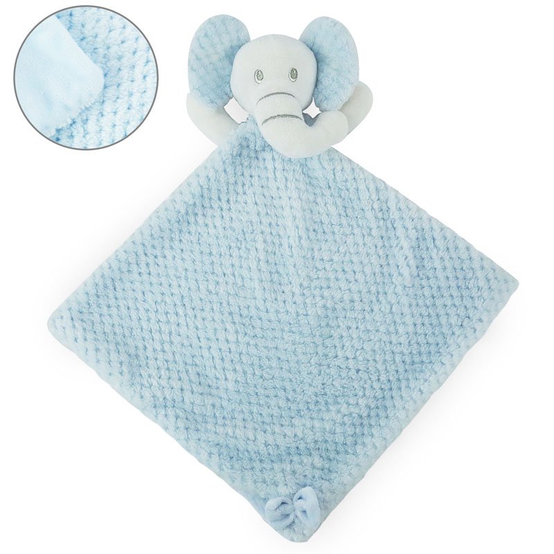 A soft plush elephant comforter soother with crinkly ears and a waffle textured body