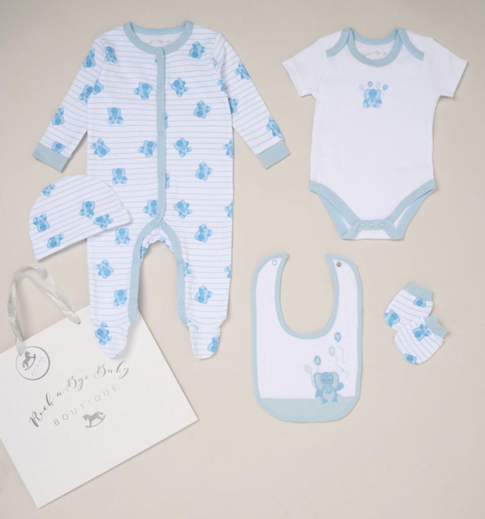 Baby boy clothing gift set – blue & white elephant design with sleepsuit, bodysuit, hat, bib & mittens – Bumbles and Boo.