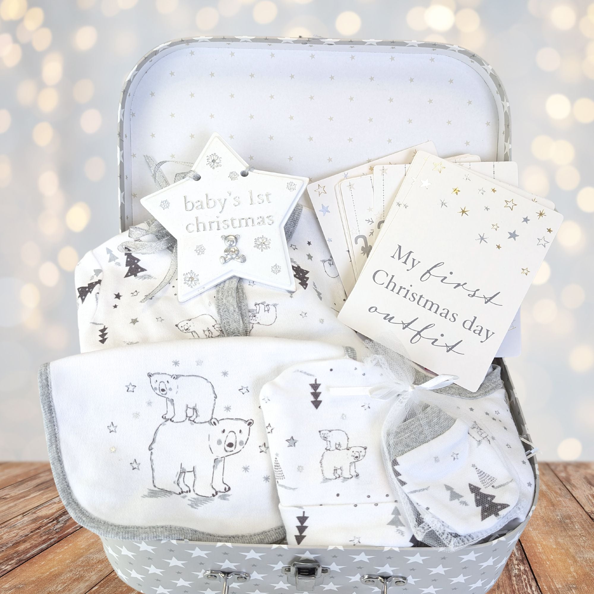 Baby’s First Christmas gift hamper – Starry Night polar bear clothing set & keepsake ornament – Bumbles and Boo.