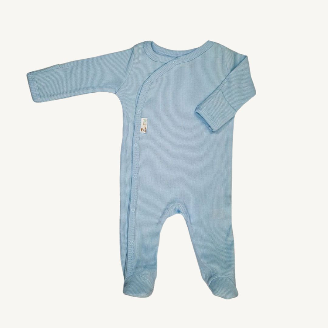 Blue ribbed baby sleepsuit – 100% cotton, soft and breathable (0-3 months) – Bumbles and Boo