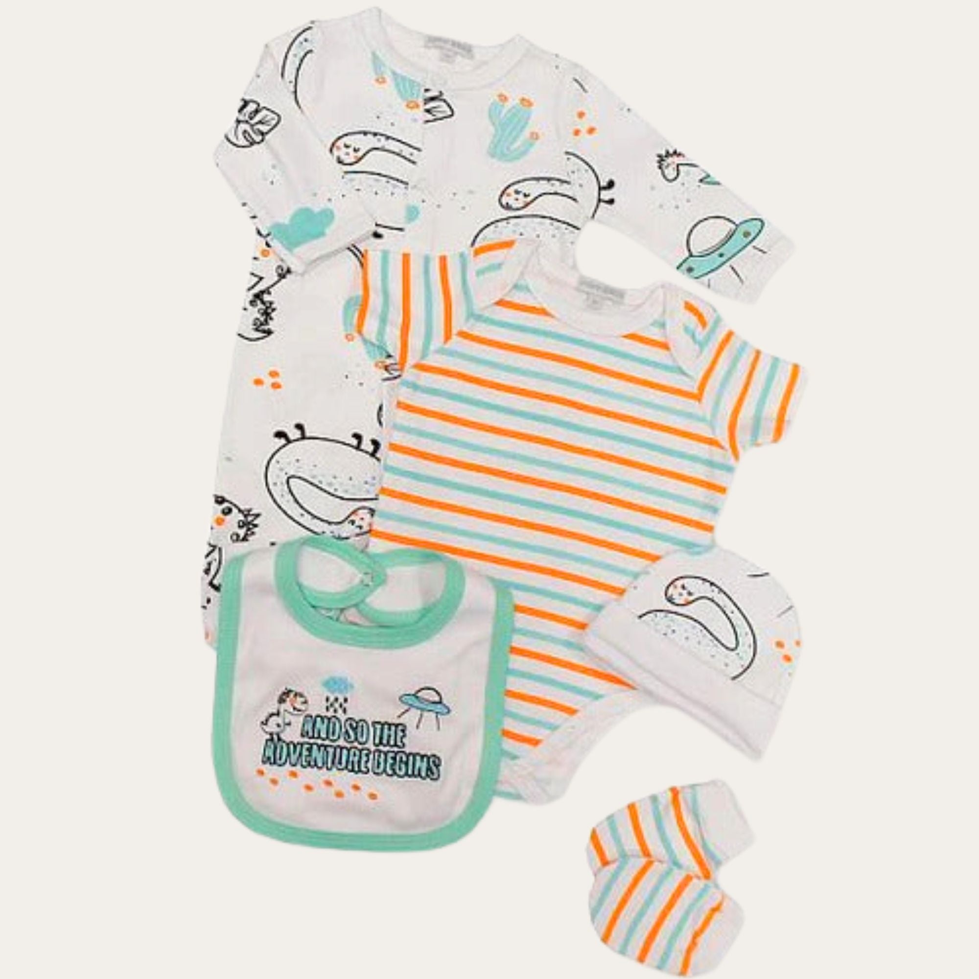 Dinosaur baby clothing set – ‘And So The Adventure Begins…’ sleepsuit, bodysuit & accessories – Bumbles and Boo