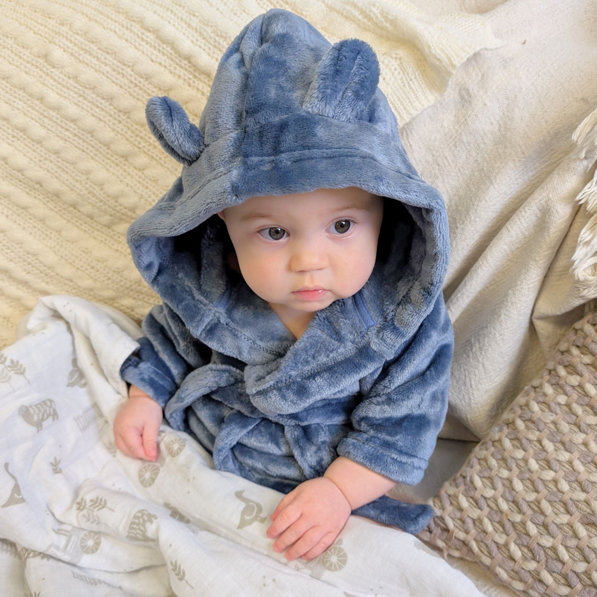 Dusty blue hooded baby bath robe – soft and cosy newborn towel wrap (0-6 months) – Bumbles and Boo