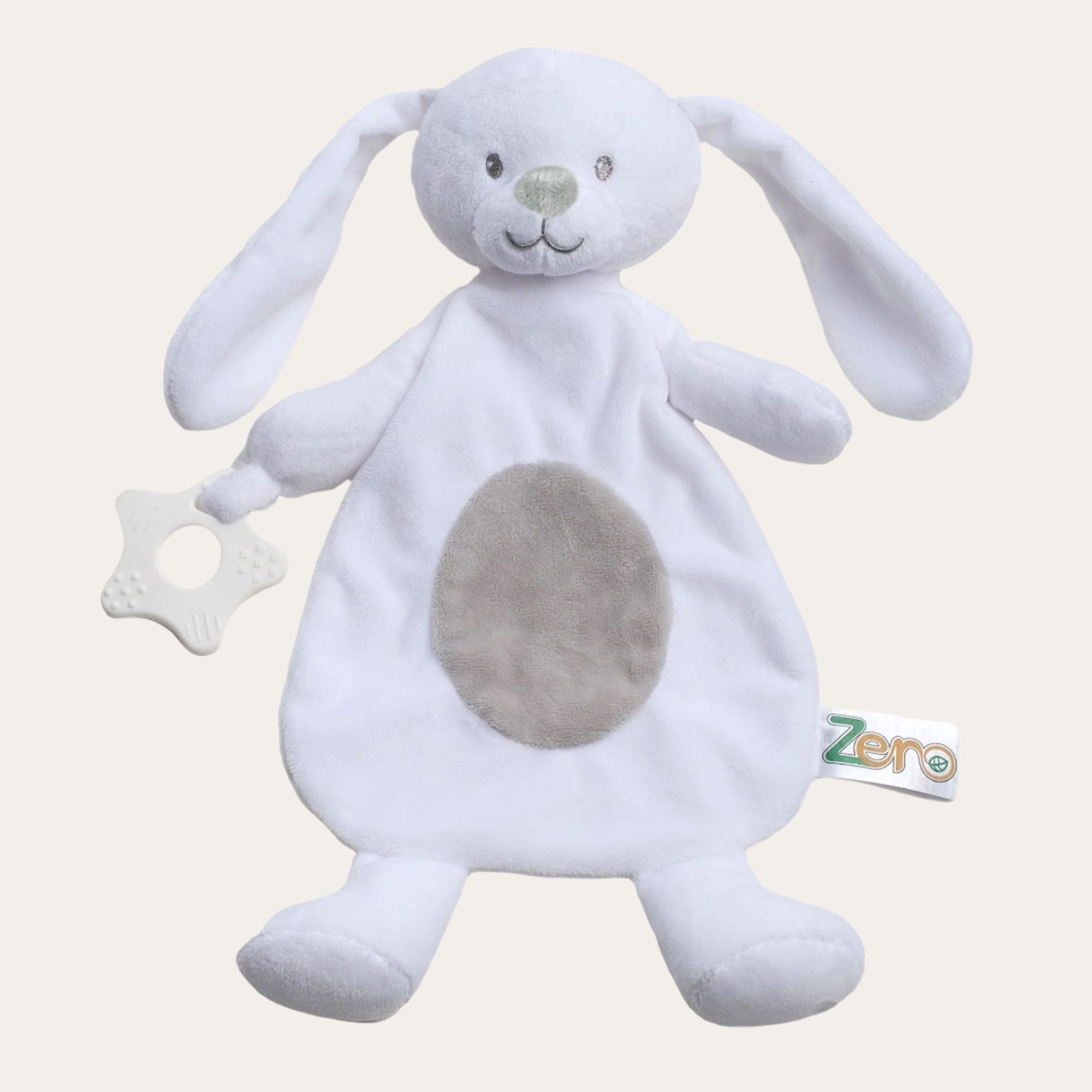 Eco-friendly white bunny baby comforter with natural teething ring – soft and soothing for newborns – Bumbles and Boo