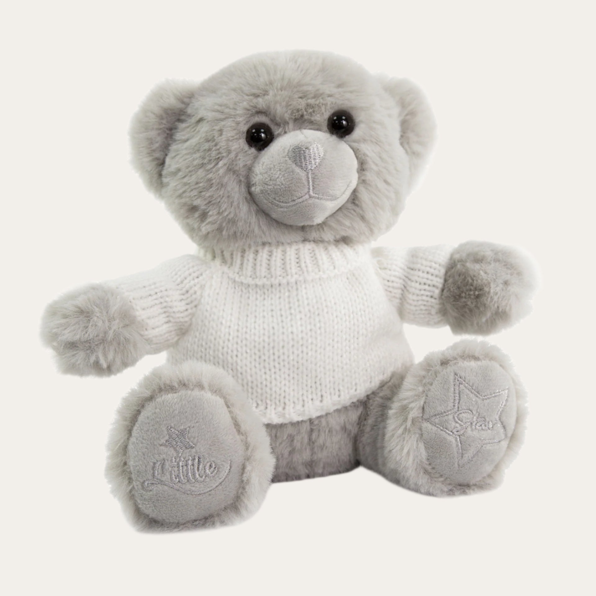 Grey teddy bear with cosy sweater – soft 20cm plush keepsake toy for babies – Bumbles and Boo