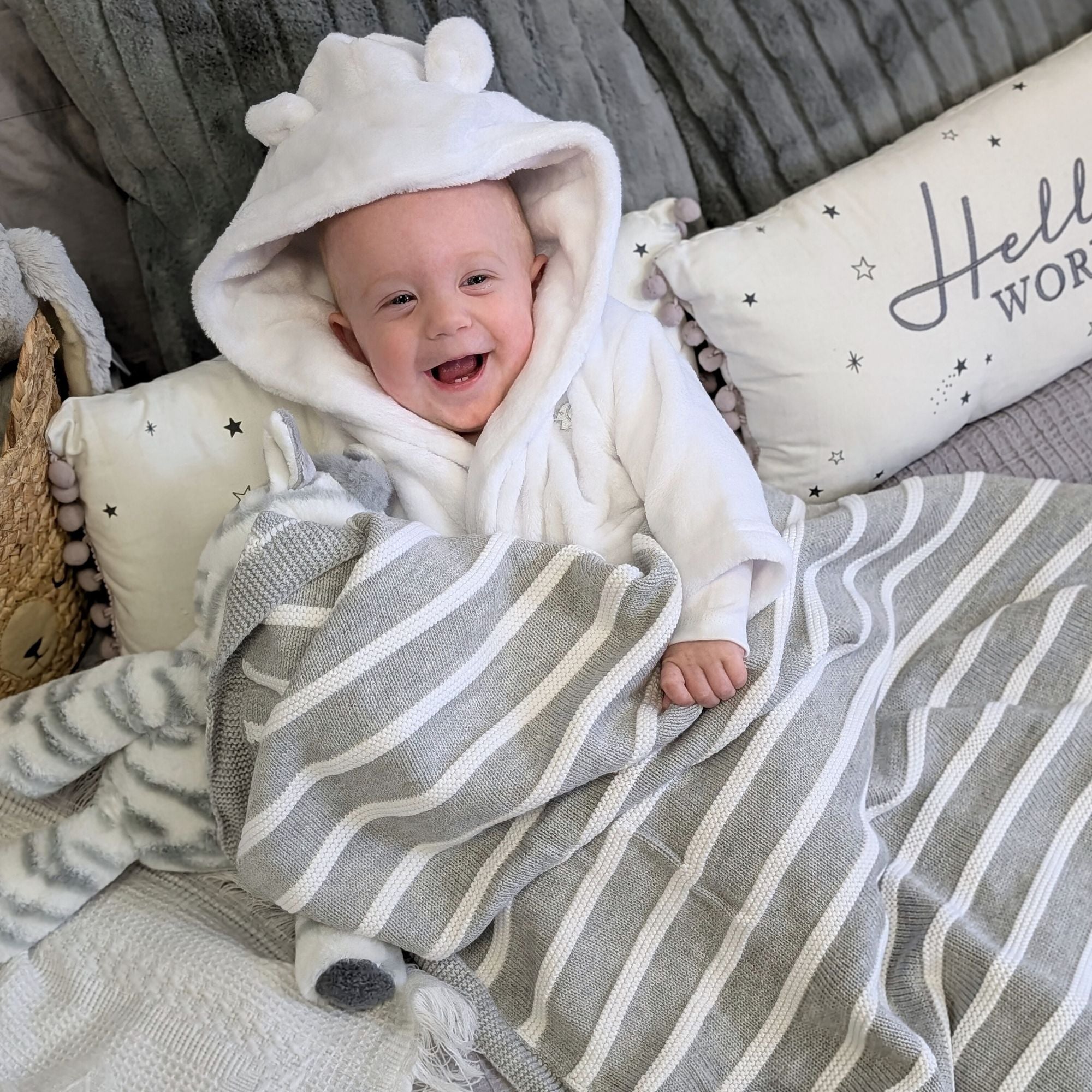 Grey and white striped baby blanket – soft, breathable, and perfect for newborns – Bumbles and Boo.